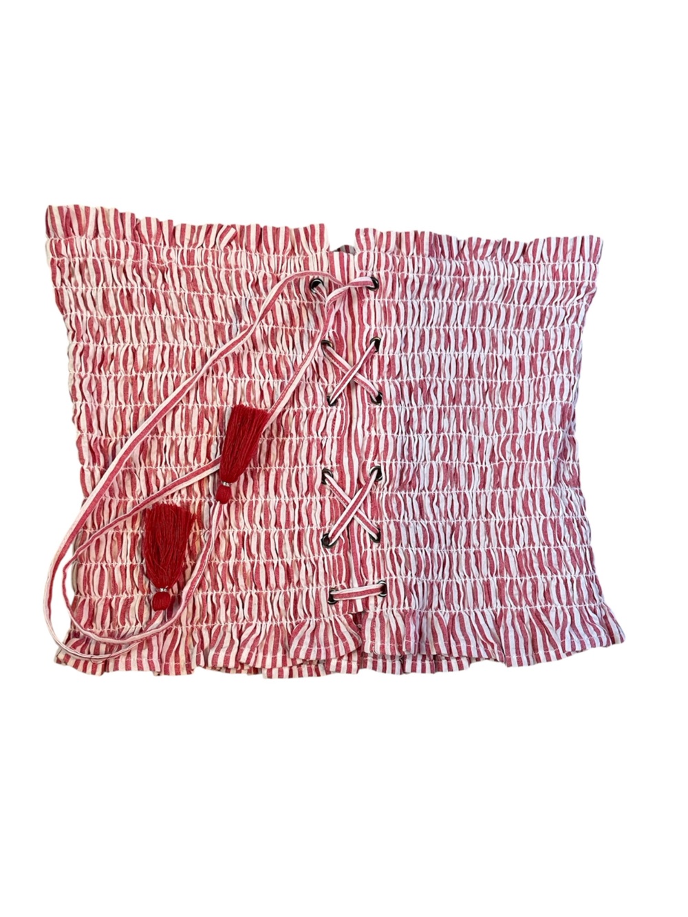American Eagle Smocked‎ Tassel Corset Tube Top L Red White Stripe Strapless